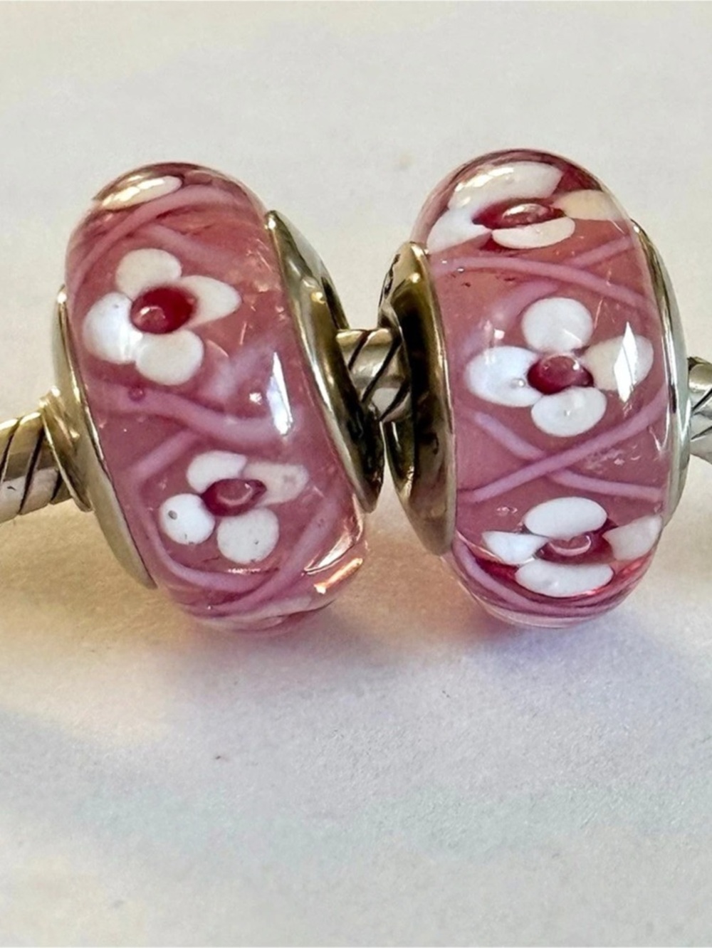 Pink and white Flowers Murano Glass Charms set fit Pandora bracelets